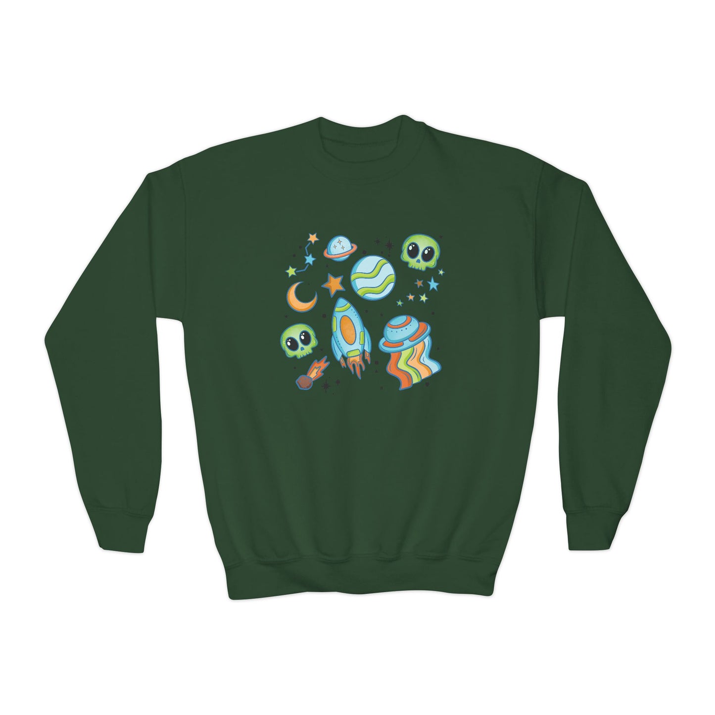 Space Collage Crewneck Sweatshirt - Fun Alien and Rocket Design