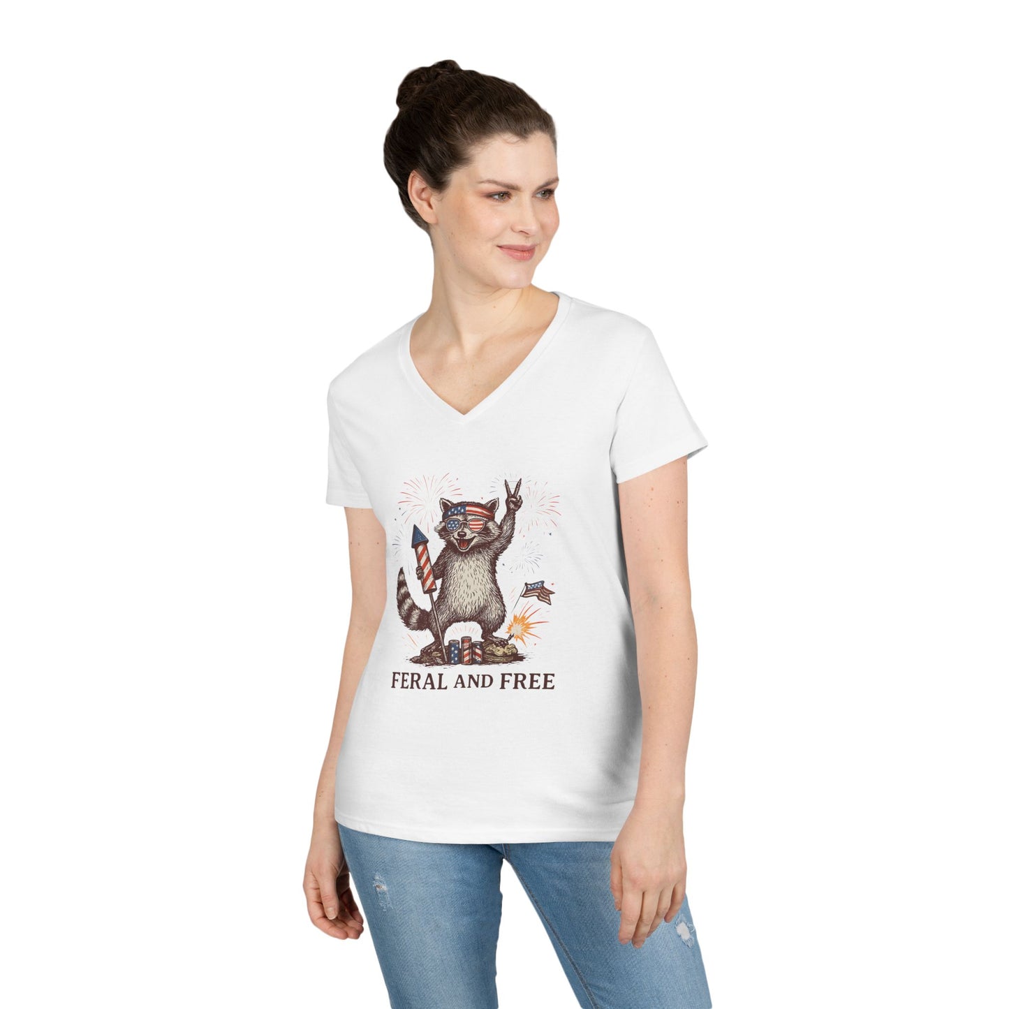 Feral and Free V-Neck T-Shirt, Women's Casual Tee, Independence Day Shirt, Feral Animal Lover Gift, Patriotic Tee for Summer