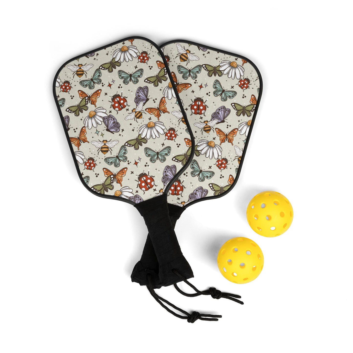 Butterflies Bees Ladiesbugs (White) Pickleball Paddle Set with Balls