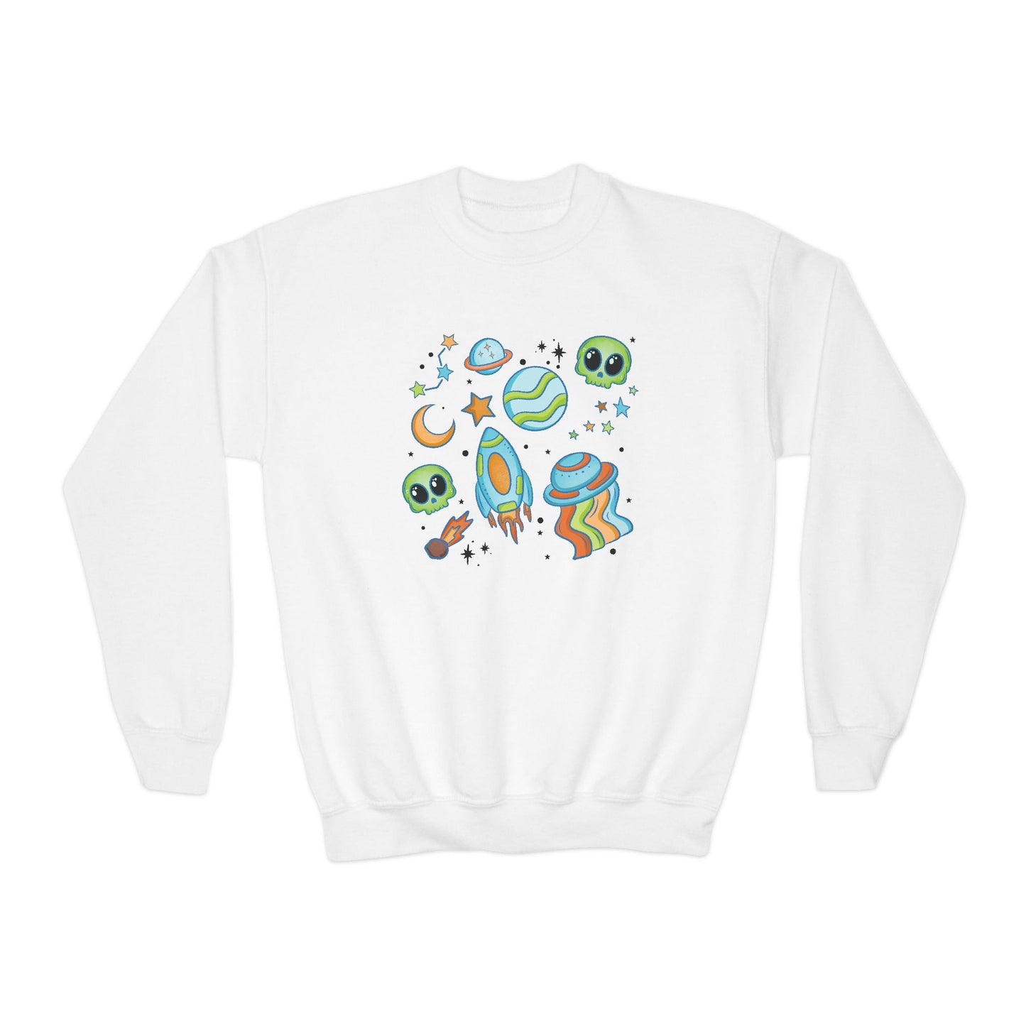 Space Collage Crewneck Sweatshirt - Fun Alien and Rocket Design