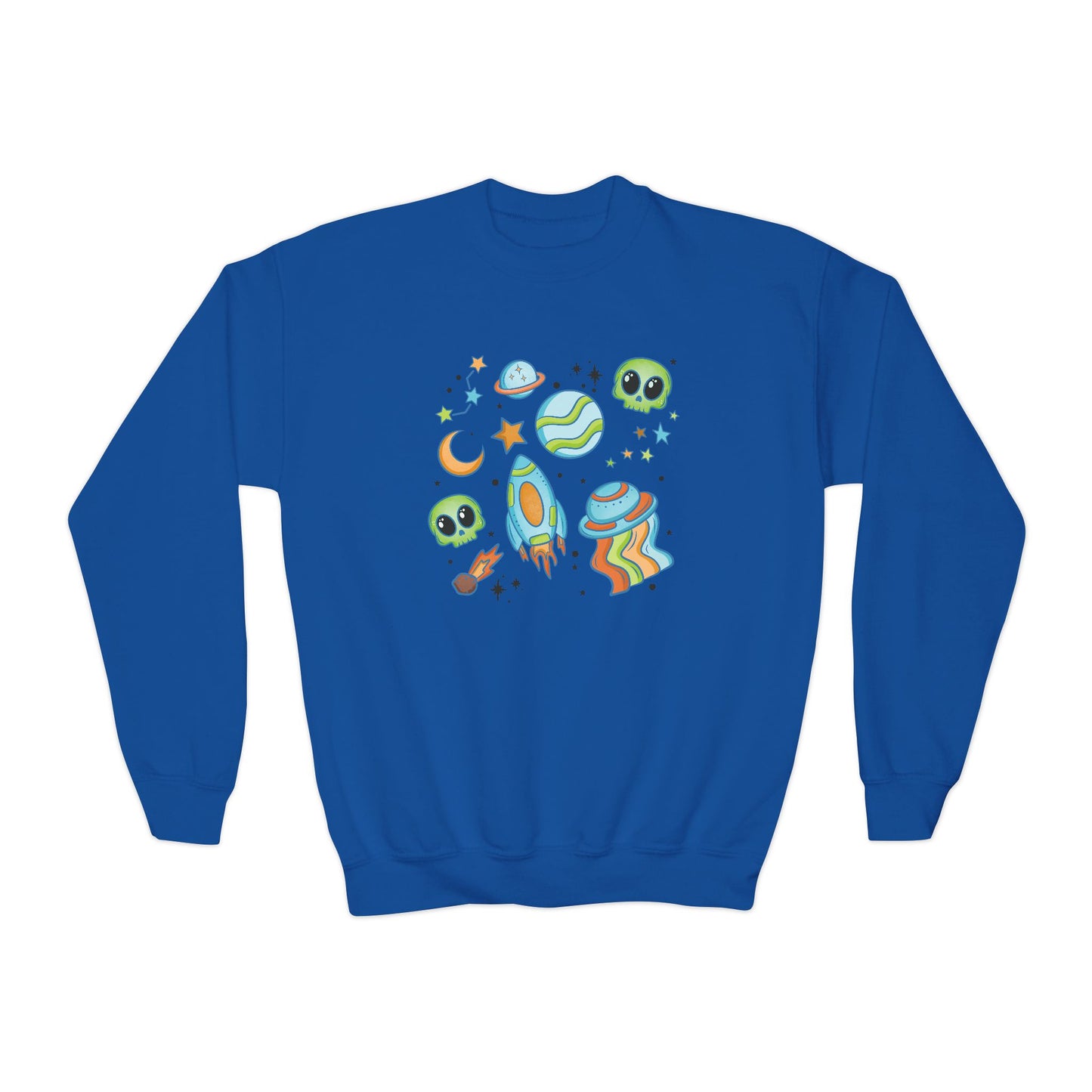 Space Collage Crewneck Sweatshirt - Fun Alien and Rocket Design