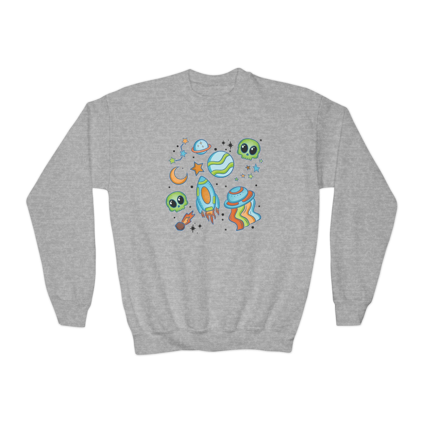 Space Collage Crewneck Sweatshirt - Fun Alien and Rocket Design