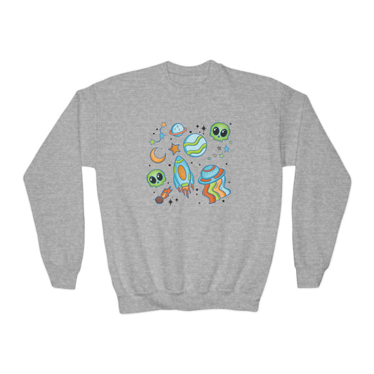 Space Collage Crewneck Sweatshirt - Fun Alien and Rocket Design