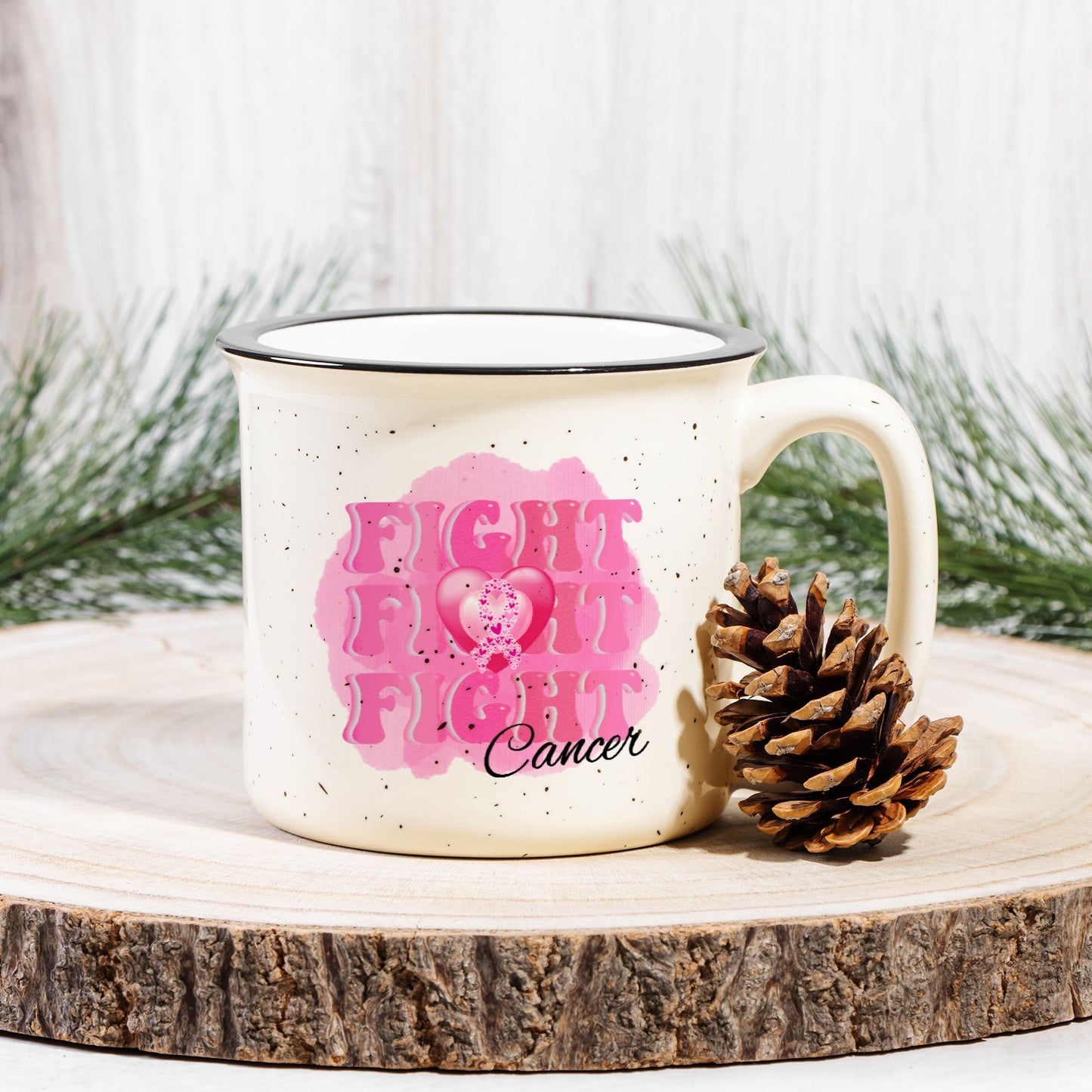 Fight Fight Fight Cancer Ceramic Camp Mug Speckled Cream 13oz