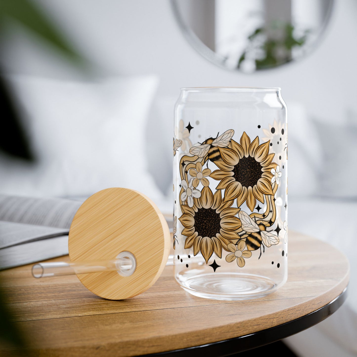 Sunflower Bee Sipper Glass, 16oz