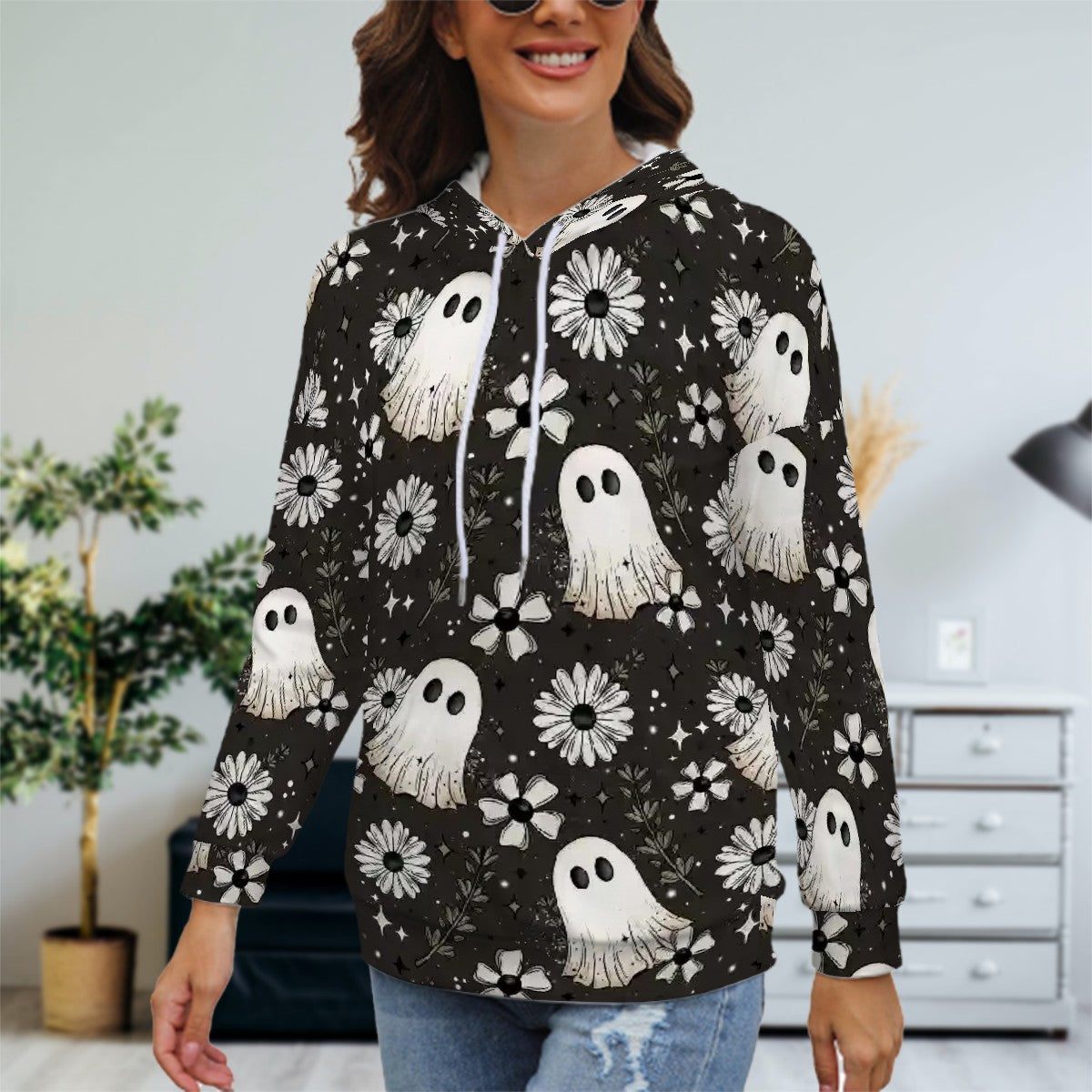 Floral Ghost Women's All Over Print Hoodie - Matching Dog Hoodie (optional)