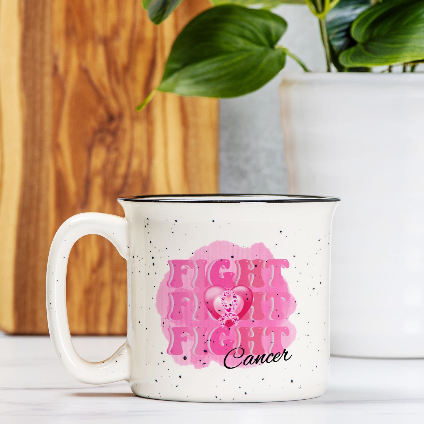 Fight Fight Fight Cancer Ceramic Camp Mug Speckled Cream 13oz