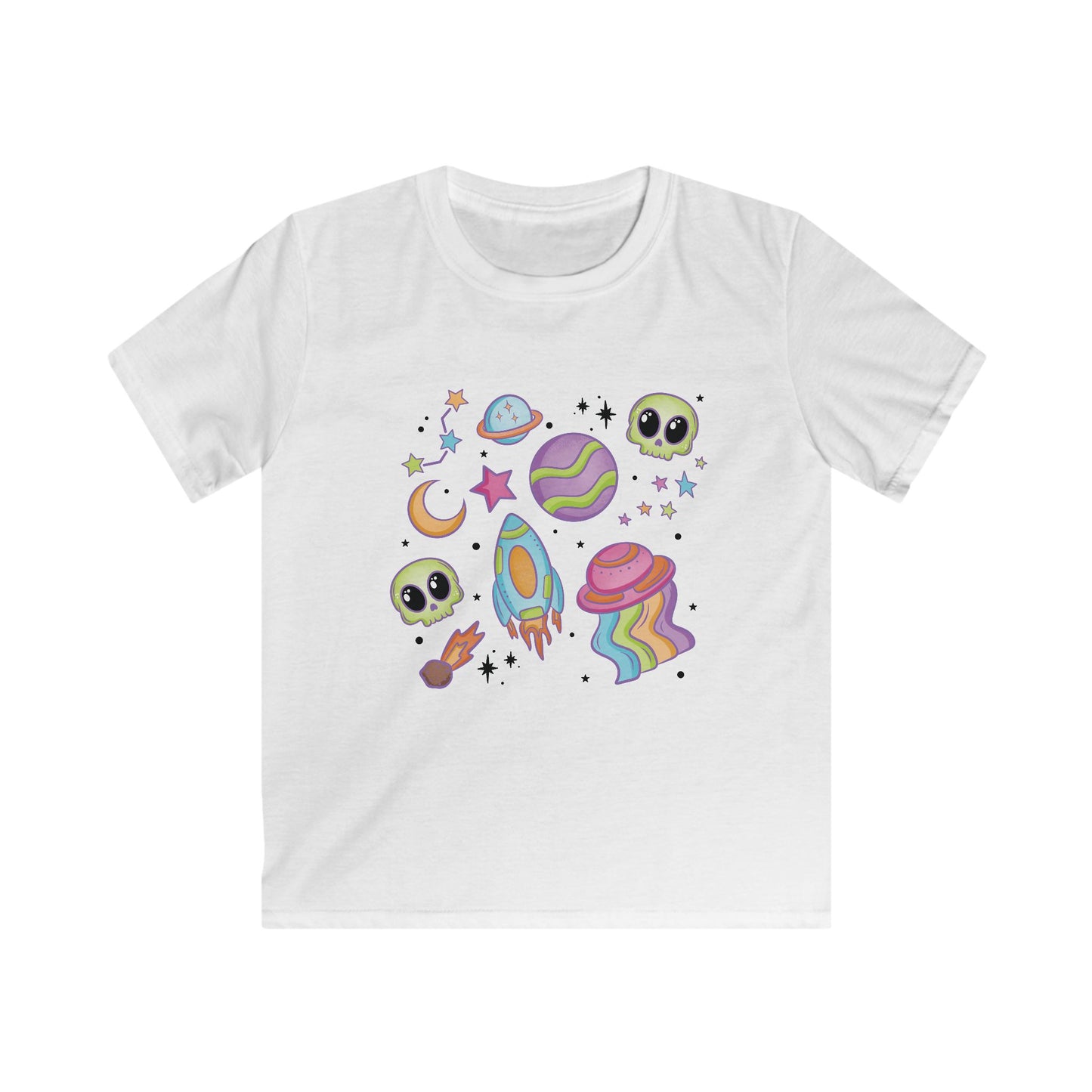Rainbow Space Collage Tee - Cosmic Fun for Young Explorers