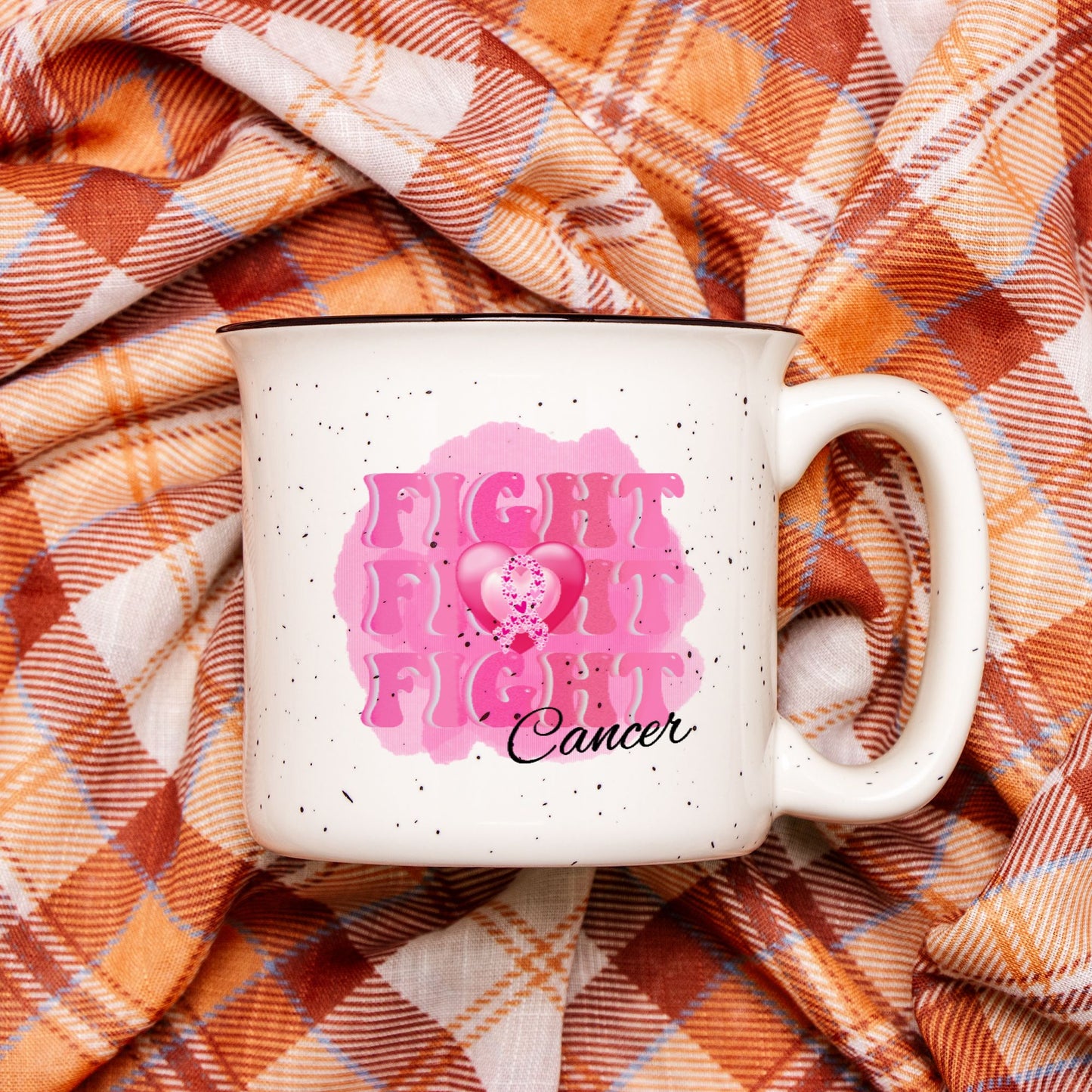 Fight Fight Fight Cancer Ceramic Camp Mug Speckled Cream 13oz