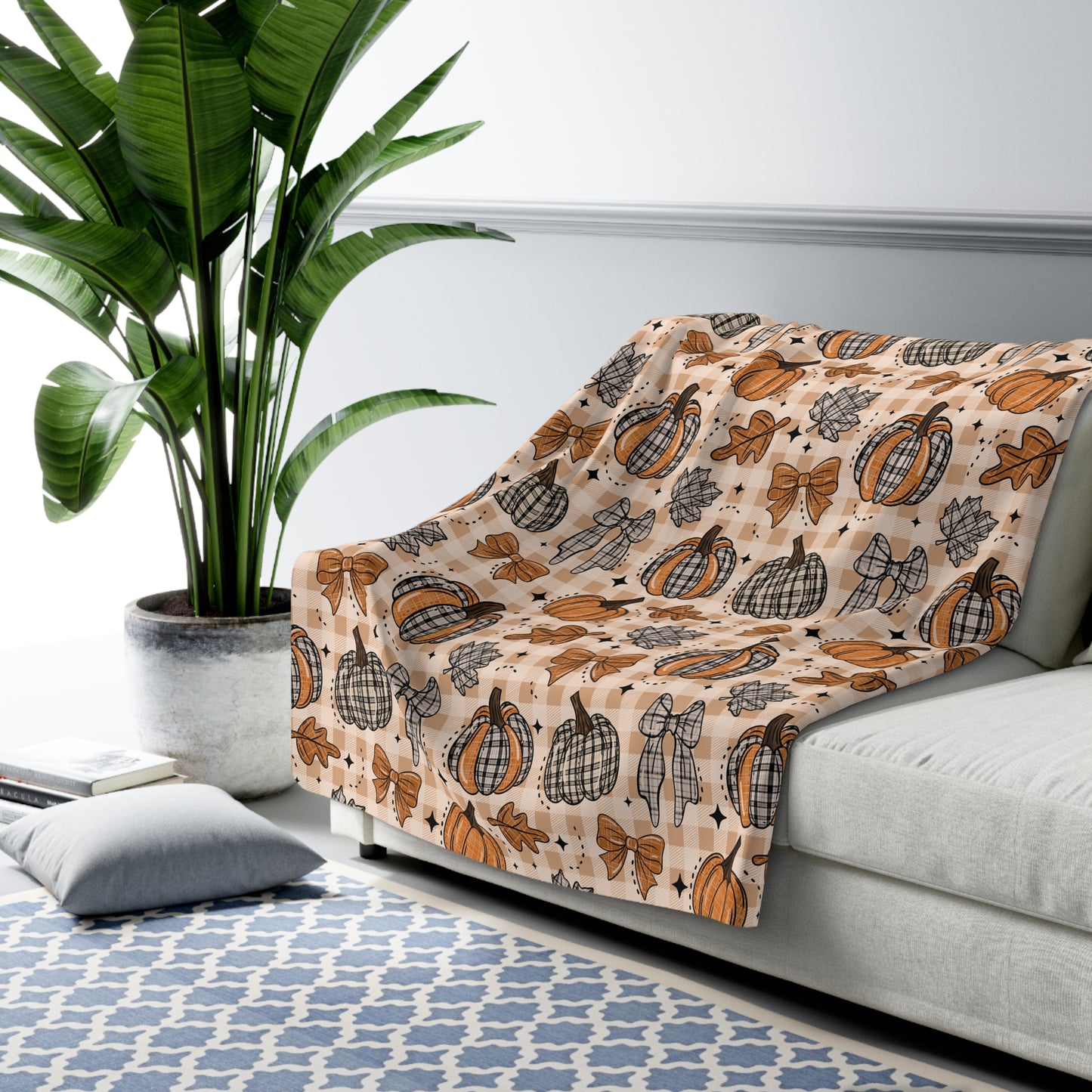 Plaid Leaves and Pumpkins Sherpa Fleece Blanket