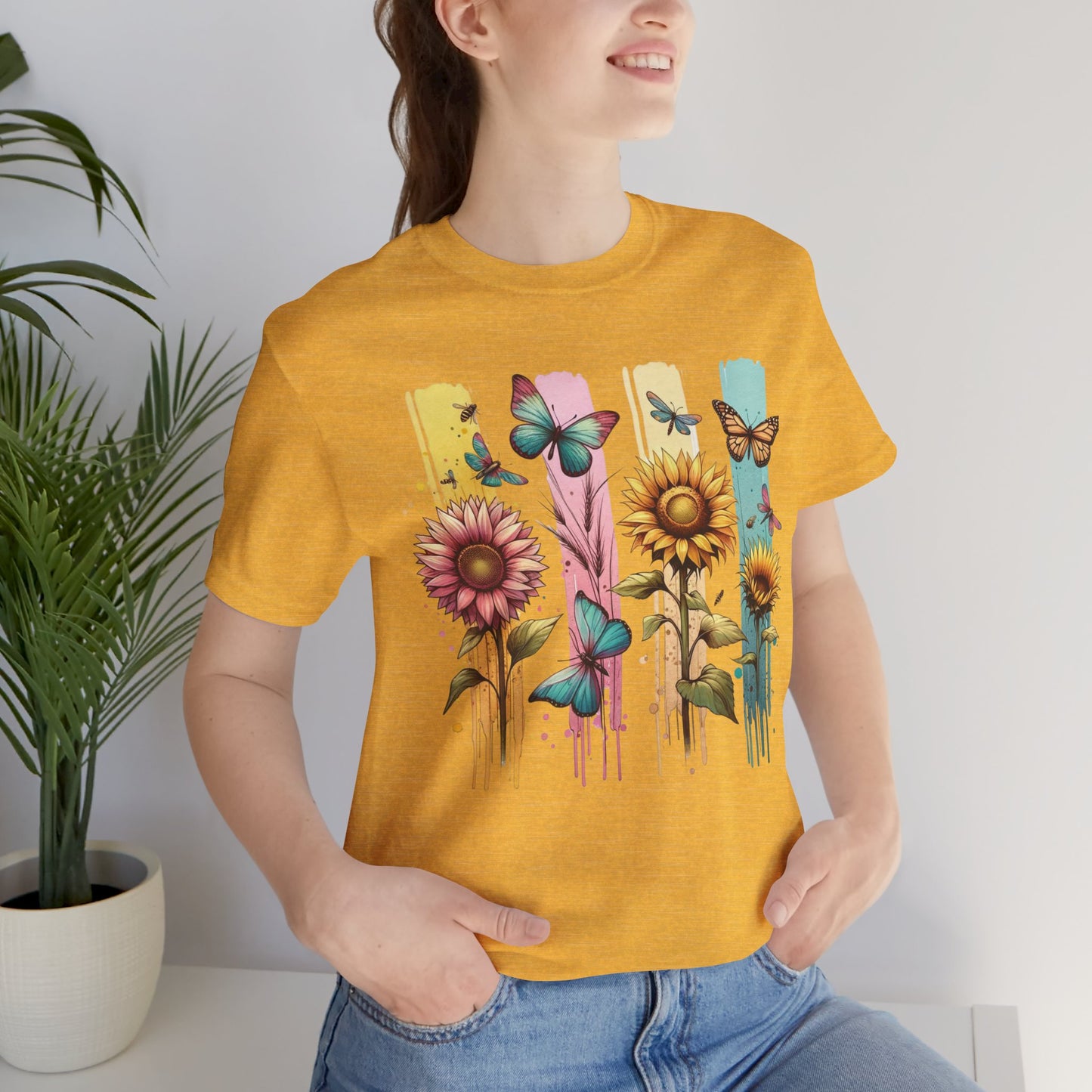 Sunflowers and Butterflies Watercolor Brushstoke Bella Canvas Tee