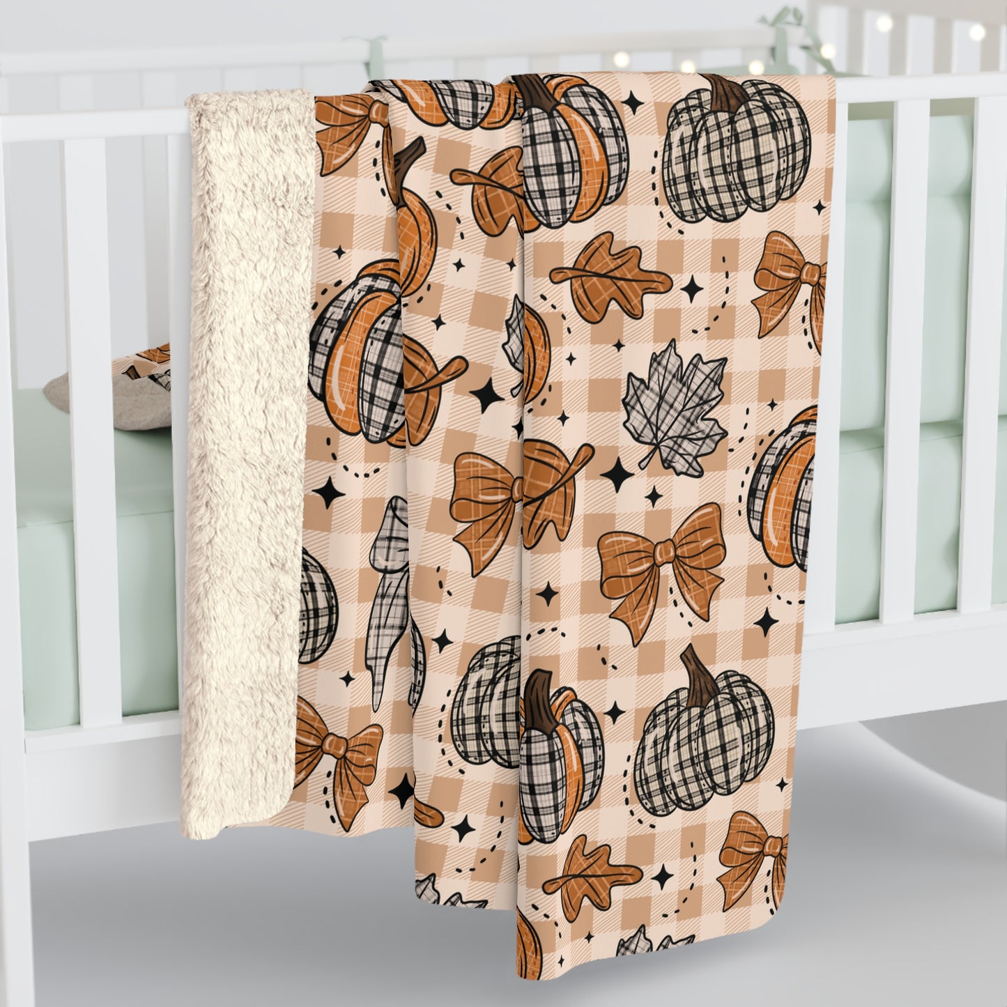 Plaid Leaves and Pumpkins Sherpa Fleece Blanket