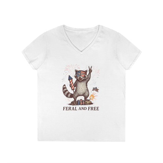 Feral and Free V-Neck T-Shirt, Women's Casual Tee, Independence Day Shirt, Feral Animal Lover Gift, Patriotic Tee for Summer