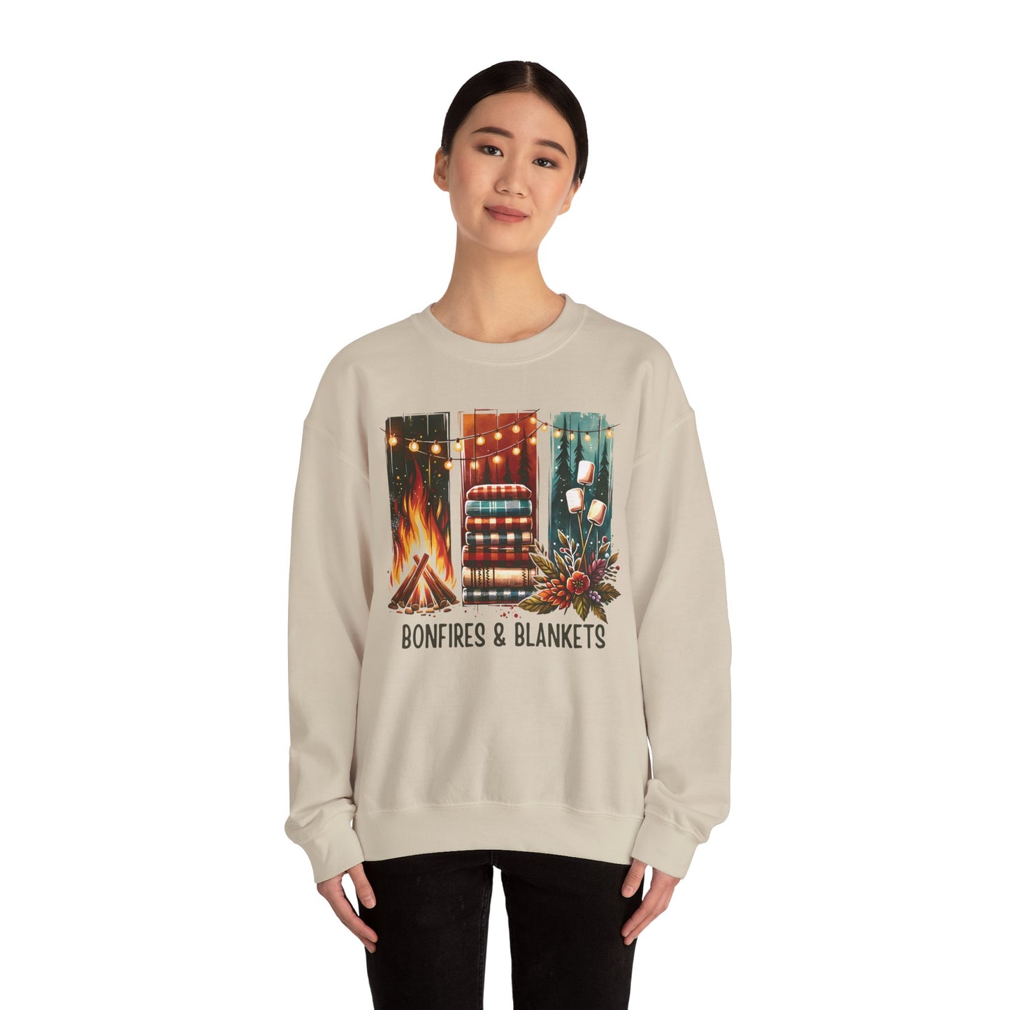 Cozy Bonfires & Blankets Sweatshirt, Fall Fashion, Campfire Outfit, Gift for Her, Autumn Apparel, Seasonal Wear, Relaxed Fit