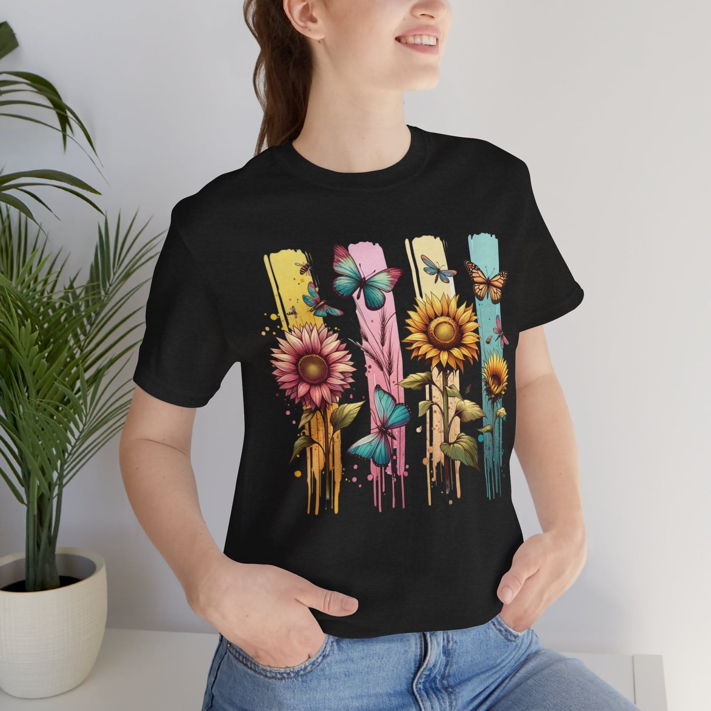 Sunflowers and Butterflies Watercolor Brushstoke Bella Canvas Tee