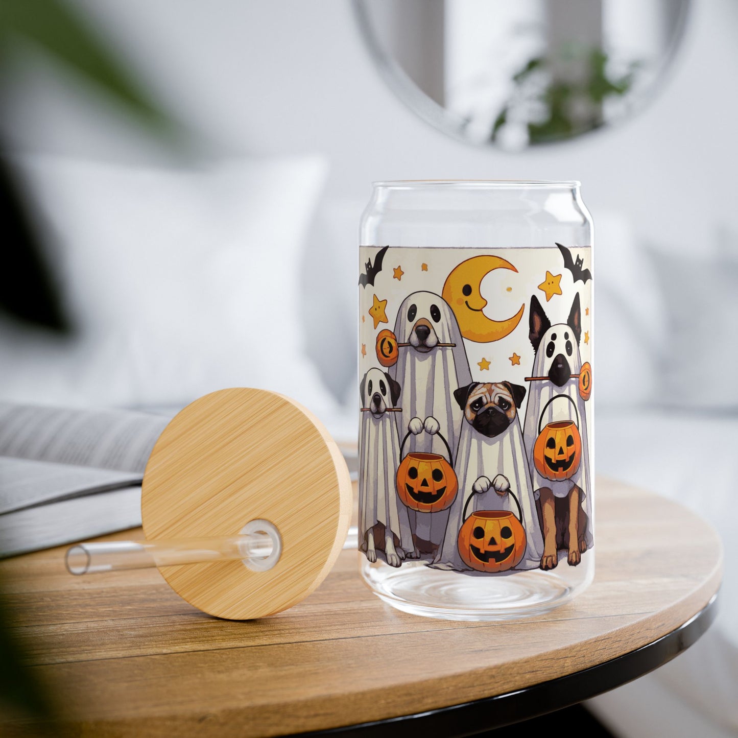 Cute Ghost Puppies Sipper Glass, 16oz
