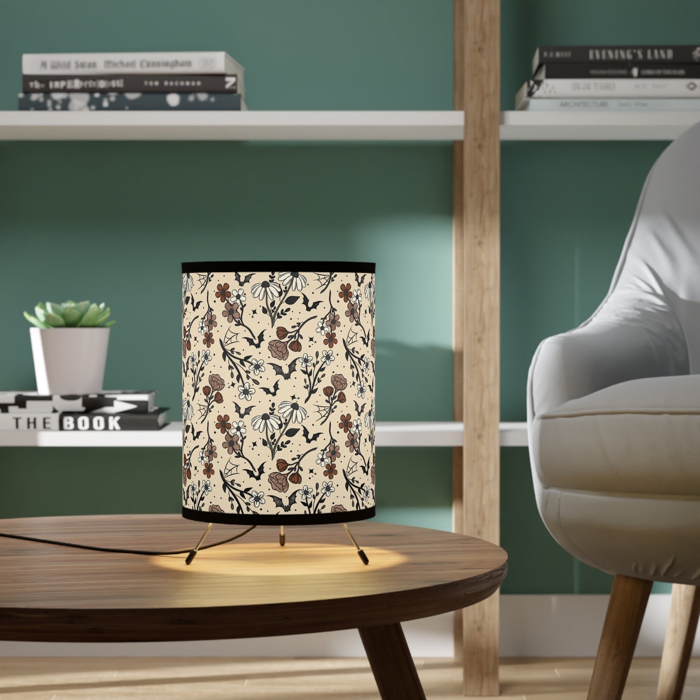 Fall Halloween Florals Tripod Lamp, Bohemian Decor, Home Lighting, Unique Table Lamp, Gift for Plant Lovers, Bedroom Accent Light
