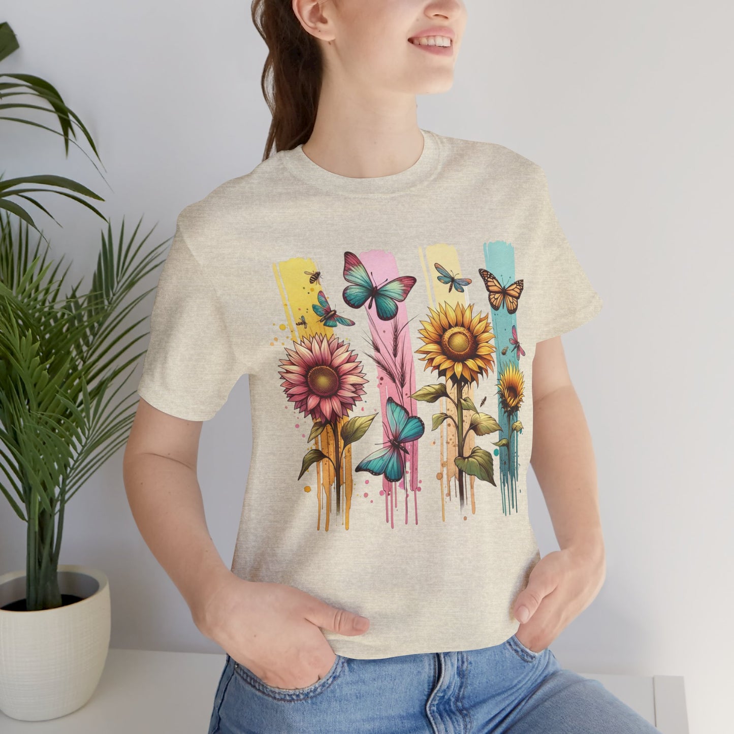 Sunflowers and Butterflies Watercolor Brushstoke Bella Canvas Tee
