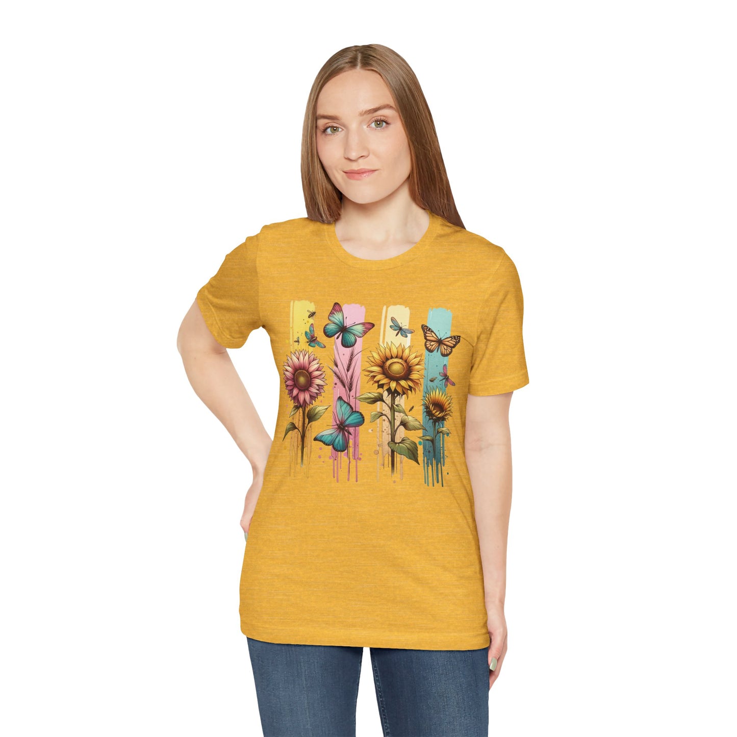 Sunflowers and Butterflies Watercolor Brushstoke Bella Canvas Tee