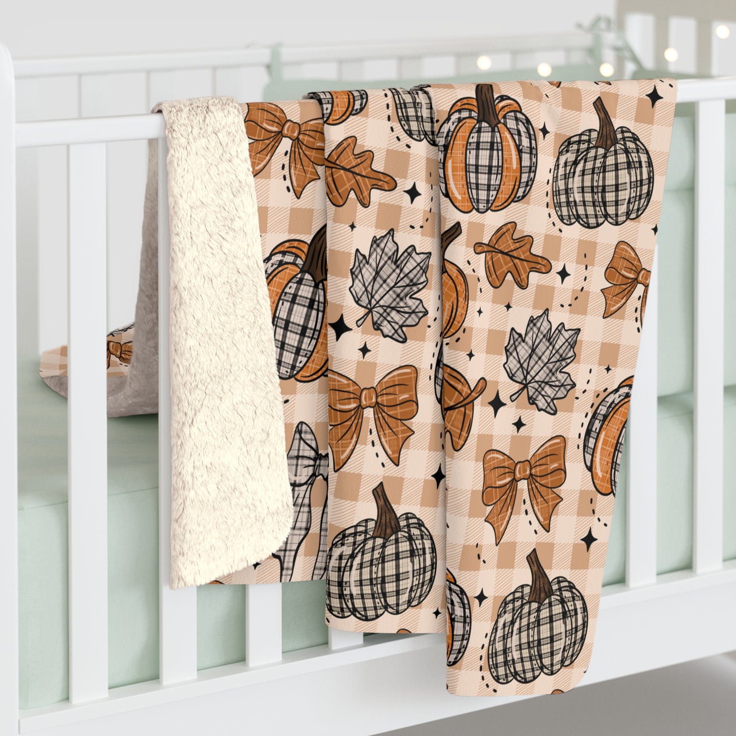 Plaid Leaves and Pumpkins Sherpa Fleece Blanket