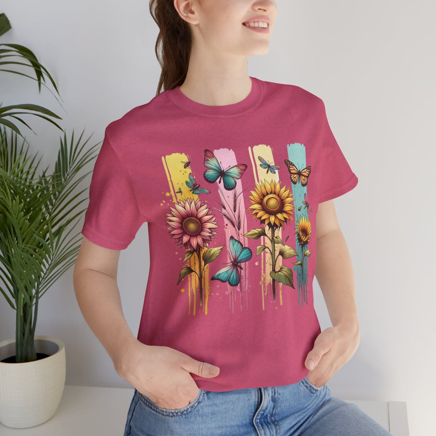Sunflowers and Butterflies Watercolor Brushstoke Bella Canvas Tee