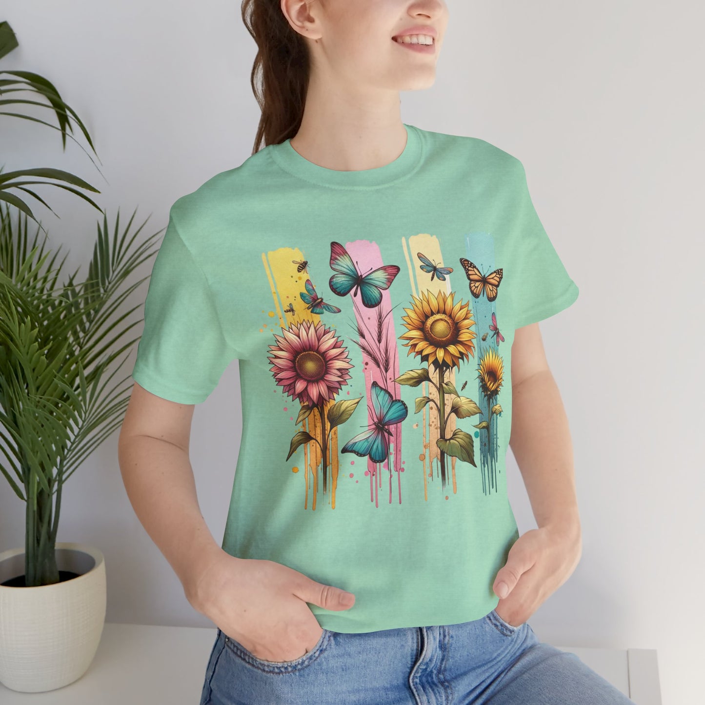 Sunflowers and Butterflies Watercolor Brushstoke Bella Canvas Tee