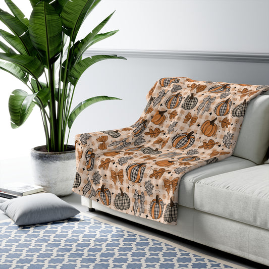 Plaid Leaves and Pumpkins Sherpa Fleece Blanket