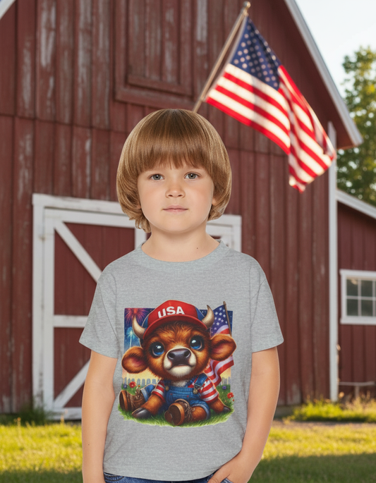 Patriotic Toddler T-Shirt, Cute Cow Graphic Tee, Patriotic Kids Shirt, 4th of July Outfit, Children's Independence Day Tee